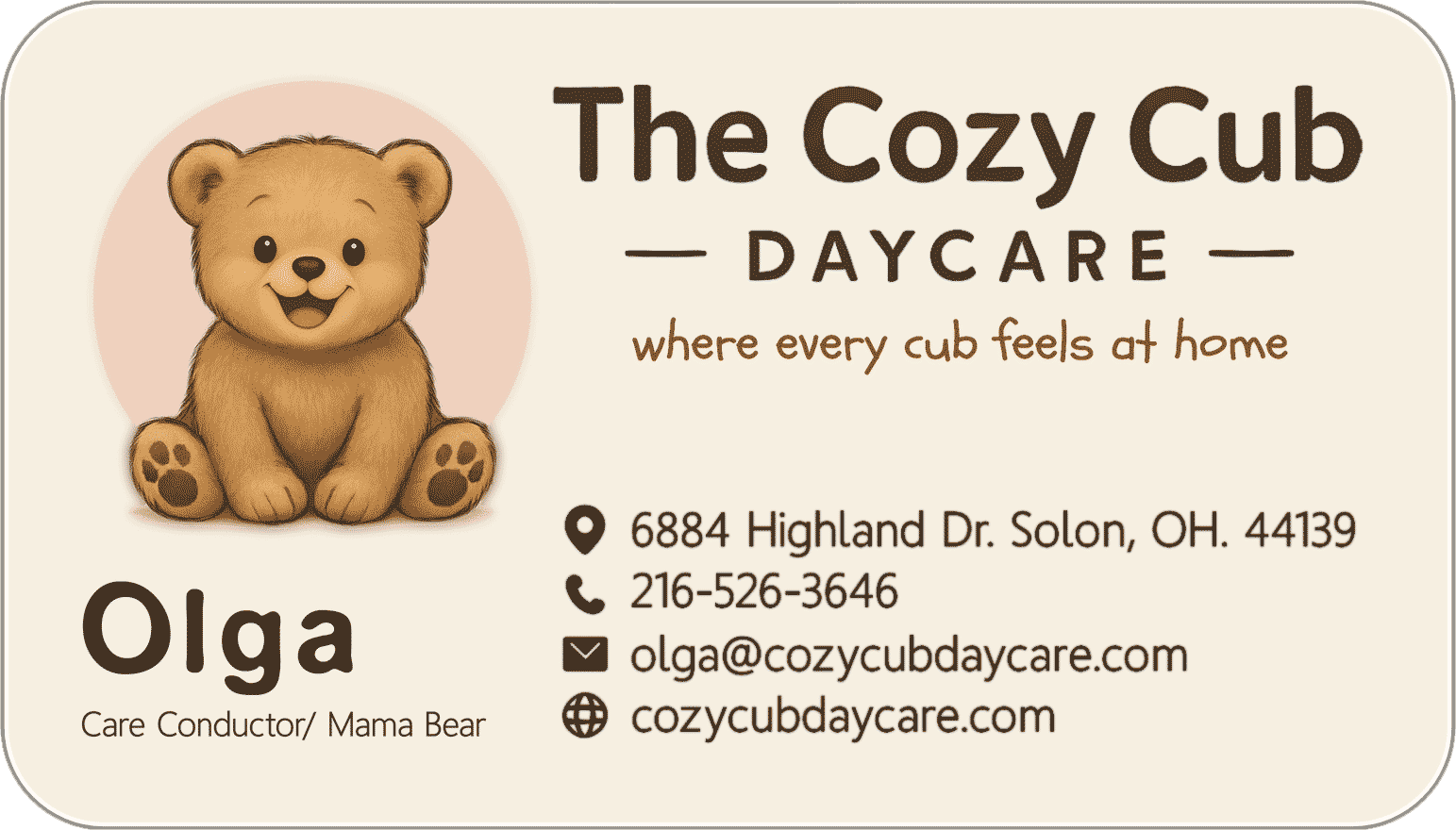 Cozy Cub Daycare Contact Card